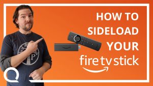 A man pointing at an Amazon FireTV Stick and text "How to sideload your fire tv stick"