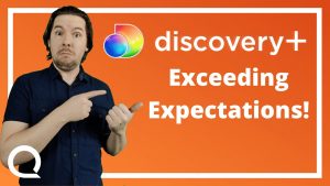 A man pointing to text "Discovery+ Exceeding Expectations!" and the Discovery Plus logo.