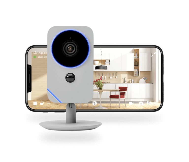 Blue by ADT indoor camera and phone showing live view of the camera feed