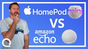 A man thoughtfully holding his chin next to text "HomePod Mini VS Amazon Echo" and corresponding products.