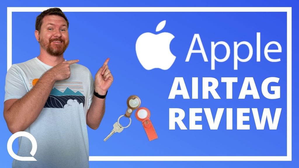 man pointing at Apple logo, text "Apple Airtag Review" next to a key on a keychain.