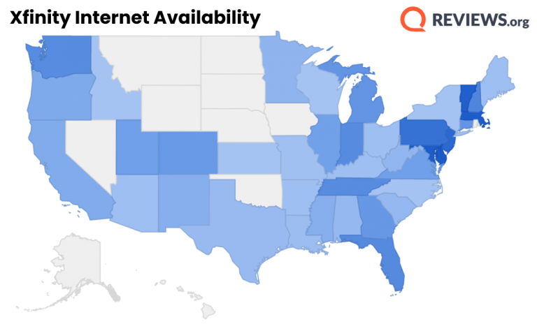 A map showing where Xfinity internet is available across most of the US