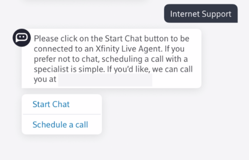 A screenshot of a chat with Xfinity customer service showing the option to have them call you on the phone