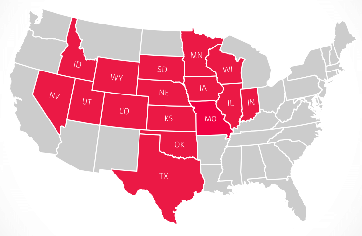 A service availability map for Rise Broadband showing service in Nevada and Idaho all the way to Indiana, plus Oklahoma and Texas