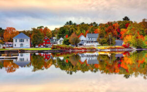 Homes on the edge of a lake in fall