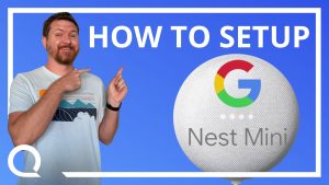 Man pointing at text "how to set up google nest mini" with image of nest mini on blue background