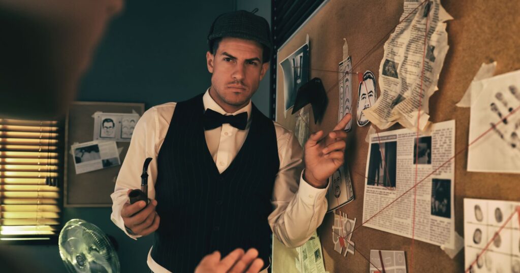 Photograph of detective pointing to pinboard