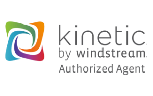 A logo for Kinetic internet by Windstream with a stylized rainbow square
