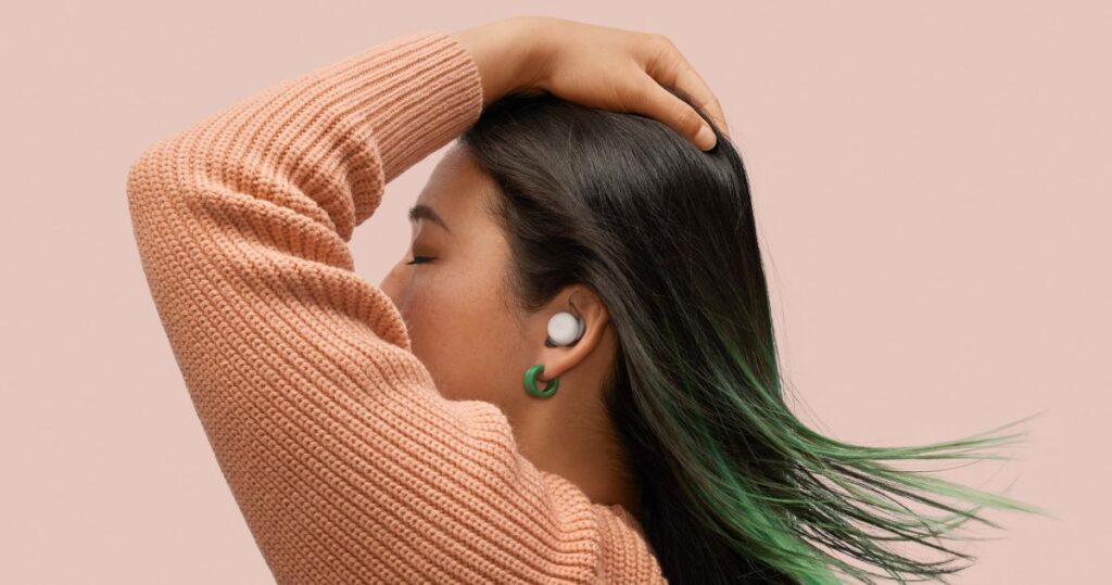 Woman wearing Google Pixel Buds A
