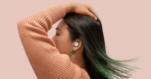 Woman wearing Google Pixel Buds A