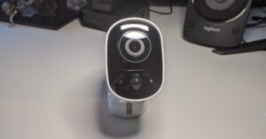 Swann Xtreem security camera being setup on a white desk