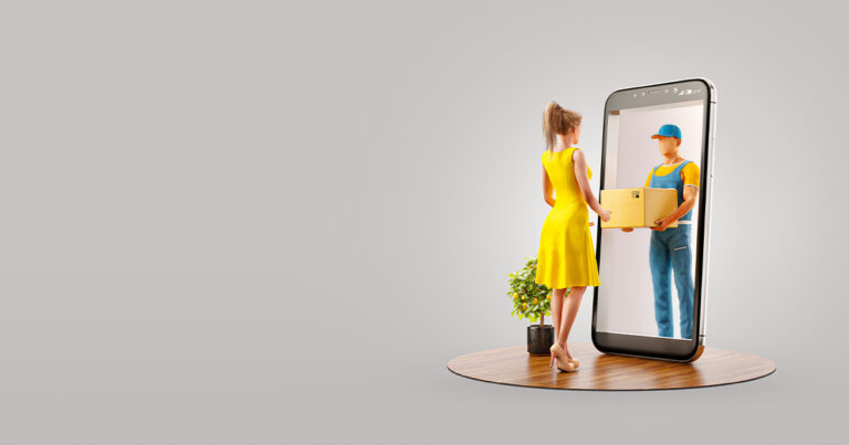 Ilustration of woman recieving a smartphone delivery on a grey background