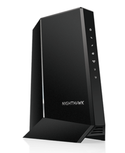 A tall, black, angled Netgear Nighthawk CM 1150 V modem for Xfinity Voice service