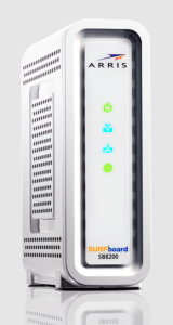 The white Arris Surfboard SB8200 modem is compatible with Xfinity