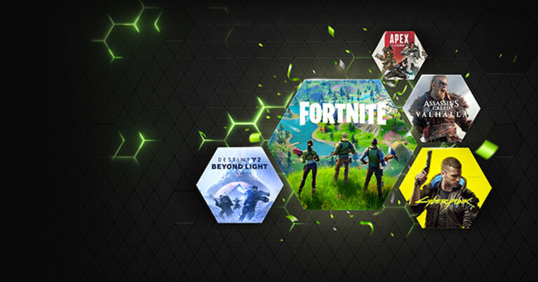 Graphic for GeForce Now in Australia featuring popular games like Fortnite, Destiny 2 and Cyberpunk 2077