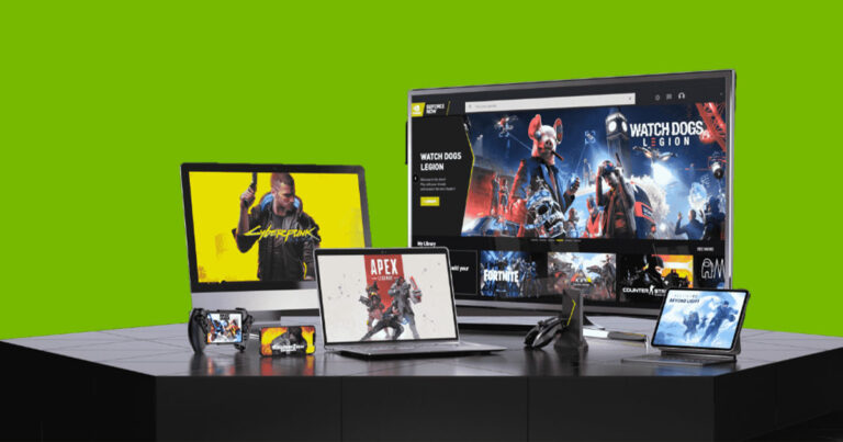 Graphic of Nivida GeForce Now compatible devices, including PC, laptop, Smart TV and Apple and Android smartphones and tablets