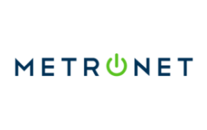 The Metronet logo with M E T R in blue, a green power on icon for the O, and N E T in blue