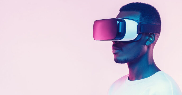 Stock photograph of a man wearing a VR/AR headset