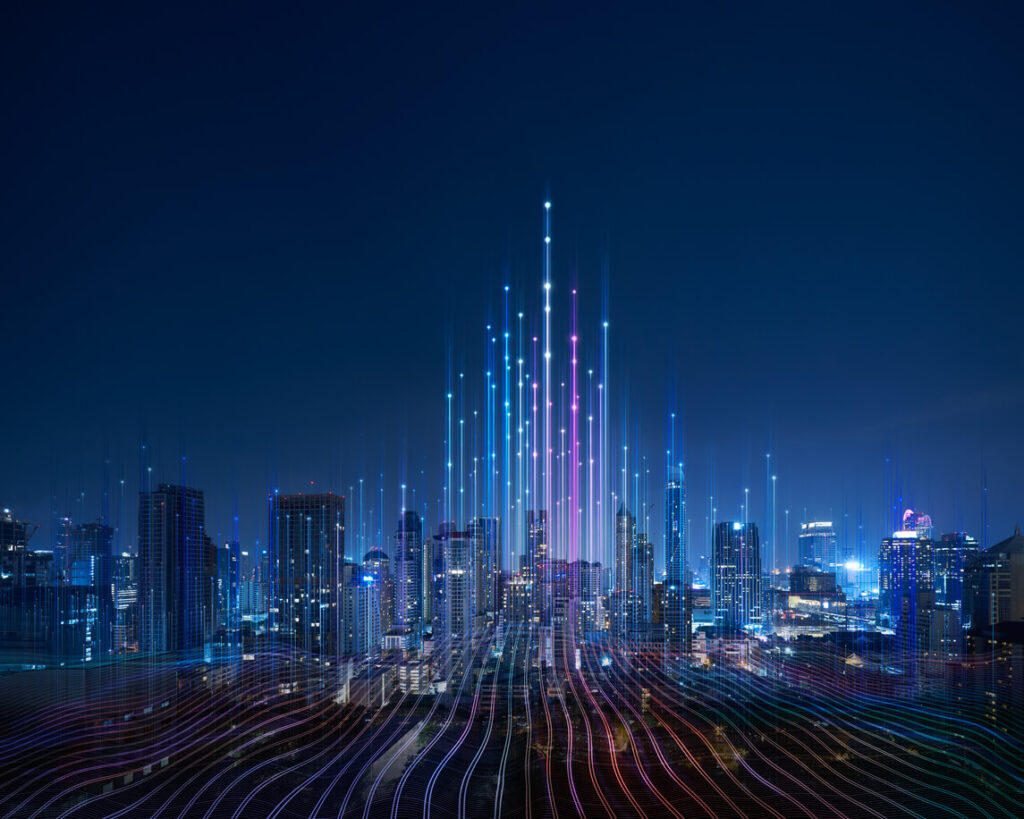 A city with digital lines rising out of the skyline