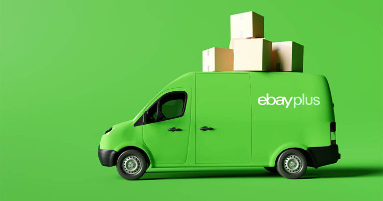 Graphic of eBay Plus logo on the side of a delivery van