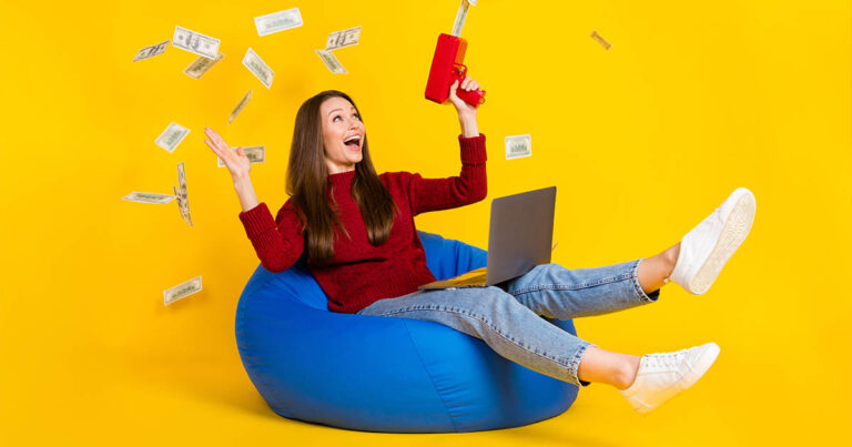 Stock photo of a woman shooting all the money her saved on her internet plan out of a money gun and laughing maniacally