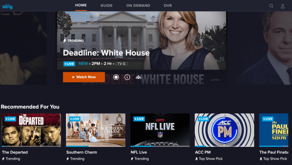 Sling TV home page October 2022