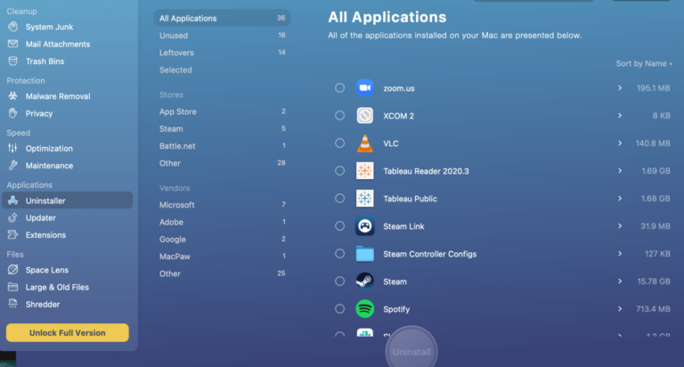 Screenshot of CleanMyMac application uninstaller