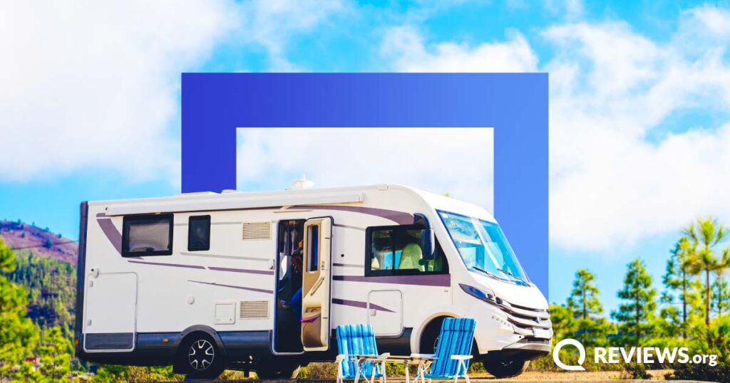rv parked in a park with square illustration in background