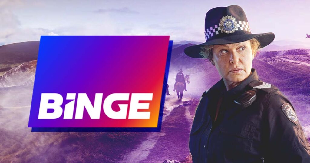 Graphic of Binge logo next to a character from original TV series High Country