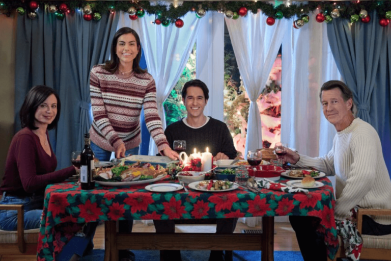 disturbingly happy family on christmas who is probably in front of a green screen