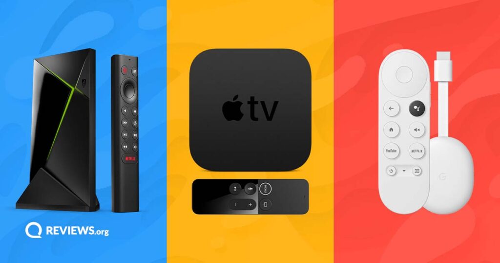 Colorful image with product images of streaming devices