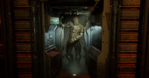 Dead Space Remake Review Screenshot: Isaac walking through a door