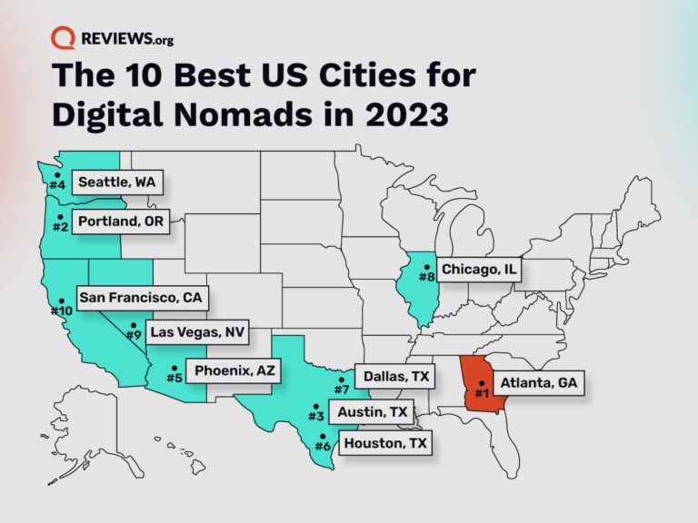 United States map highlighting the ten best cities for digital nomads in 2023