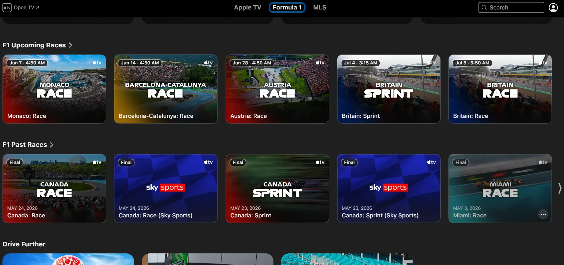 Apple TV+ Formula 1 section showing upcoming F1 races including Monaco, Barcelona-Catalunya, and Austria, along with past races from Canada and Miami