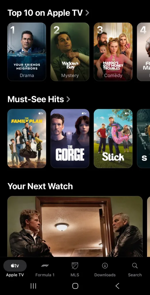 Apple TV+ mobile app interface showing Top 10 on Apple TV with titles including Your Friends & Neighbors and Widow's Bay, plus Must-See Hits and Your Next Watch sections