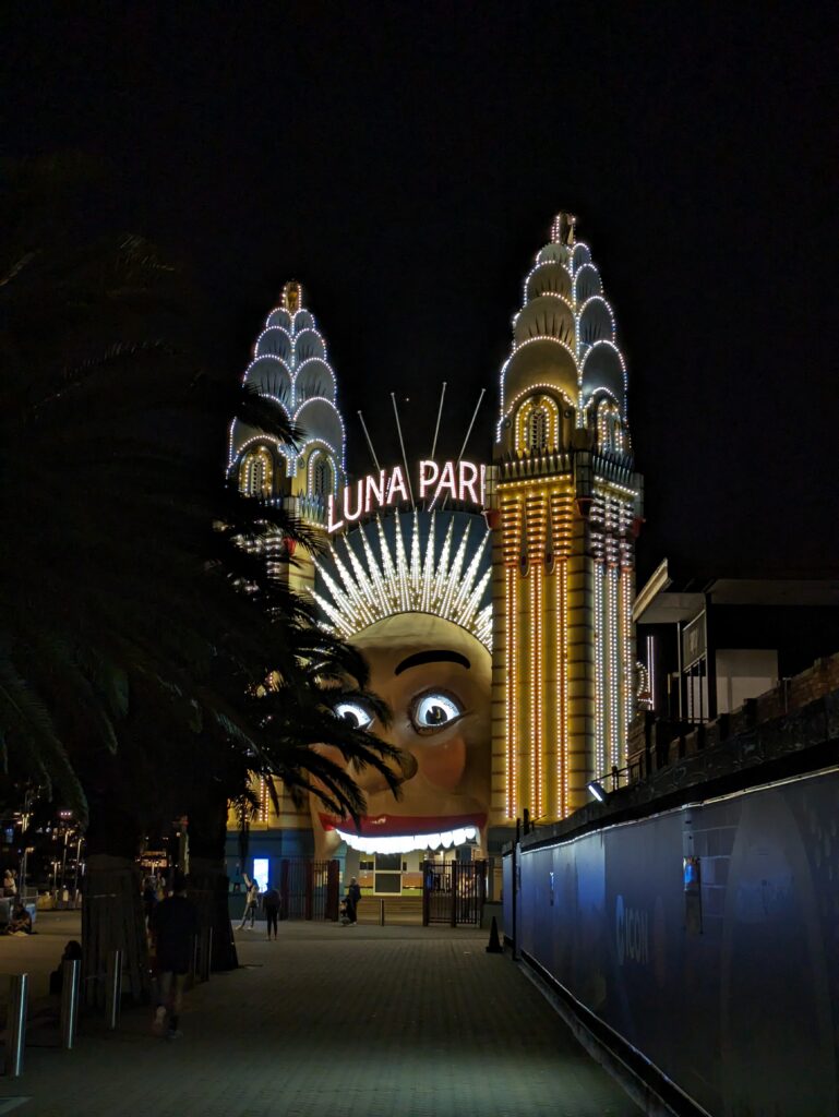 Picture of Luna Park entrance at night taken with Google Pixel 7a