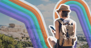 travel girl sitting rainbow
