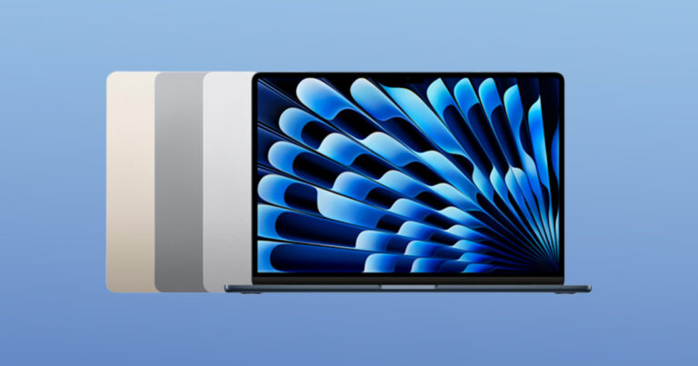 Graphic of the MacBook Air 15-inch colour range (Midnight, Silver, Space Grey and Starlight) on a blue background