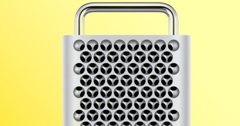 Graphic of the Apple Mac Pro on a yellow background.