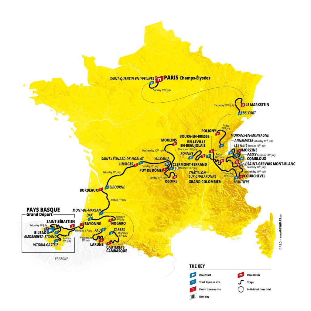 A map of 2023 Tour de France route