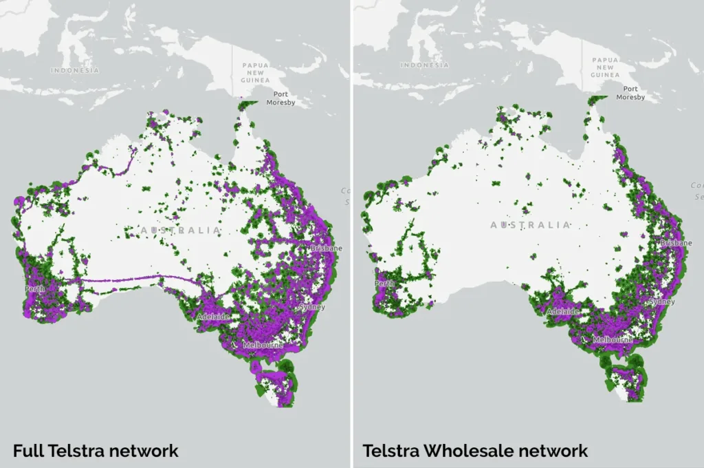 Telstra full vs Telstra wholesale coverage map comparison
