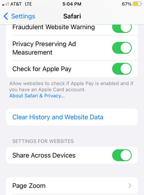 screenshot of option to clear history and website data on safari