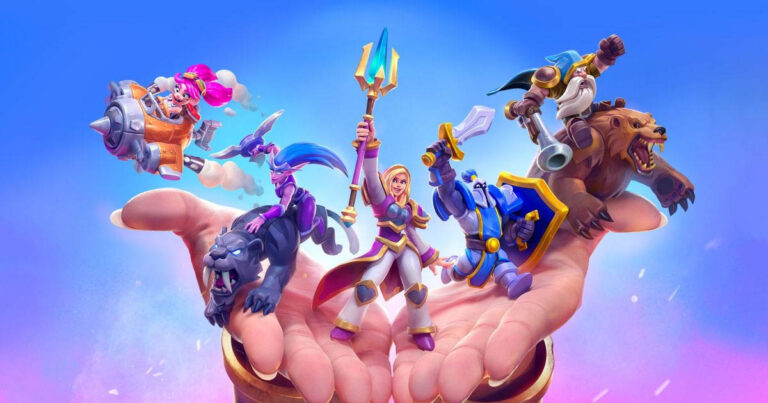 Promotional art for Warcraft Rumble featuring various heroes on the palm of someone's hands