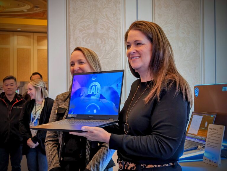 Intel Michelle Johnston at CES 2024 with MSI AI laptop