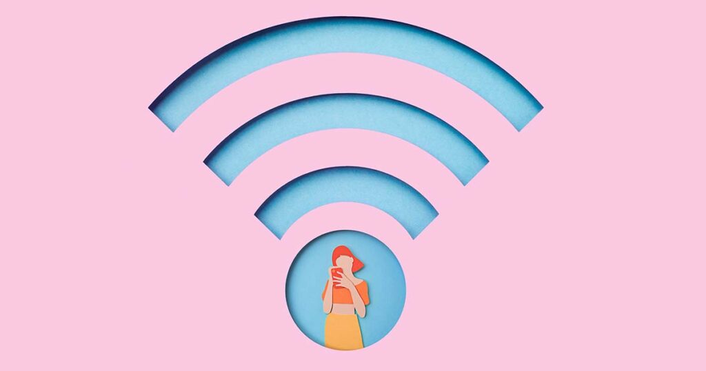 Featured graphic featuring a paper art 5G WiFi signal with an image of a woman using a mobile phone.