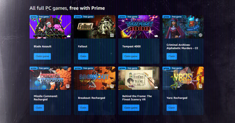 A screenshot of free games currently available on Prime Gaming, including Fallout, Yars: Recharged, Missile Command: Recharged, Blade Assault and more.
