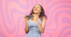 Graphic of a young woman enjoying fast mobile speeds over a pink wavy background