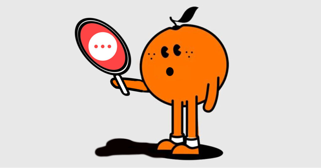Tangerine mascot looking in a mirror and seeing the More logo reflected back