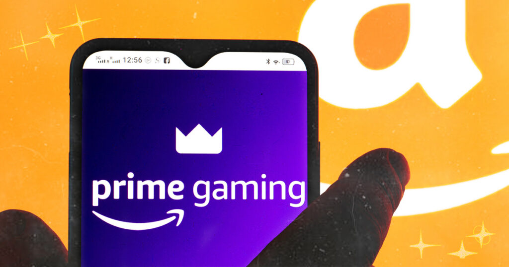 Close-up photograph of someone using the Prime Gaming on their smartphone on a bright yellow background with the Amazon logo.