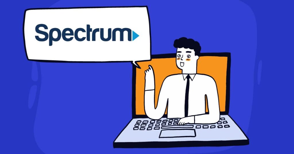 Illustration of a man popping out of a laptop with a speech bubble that says Spectrum